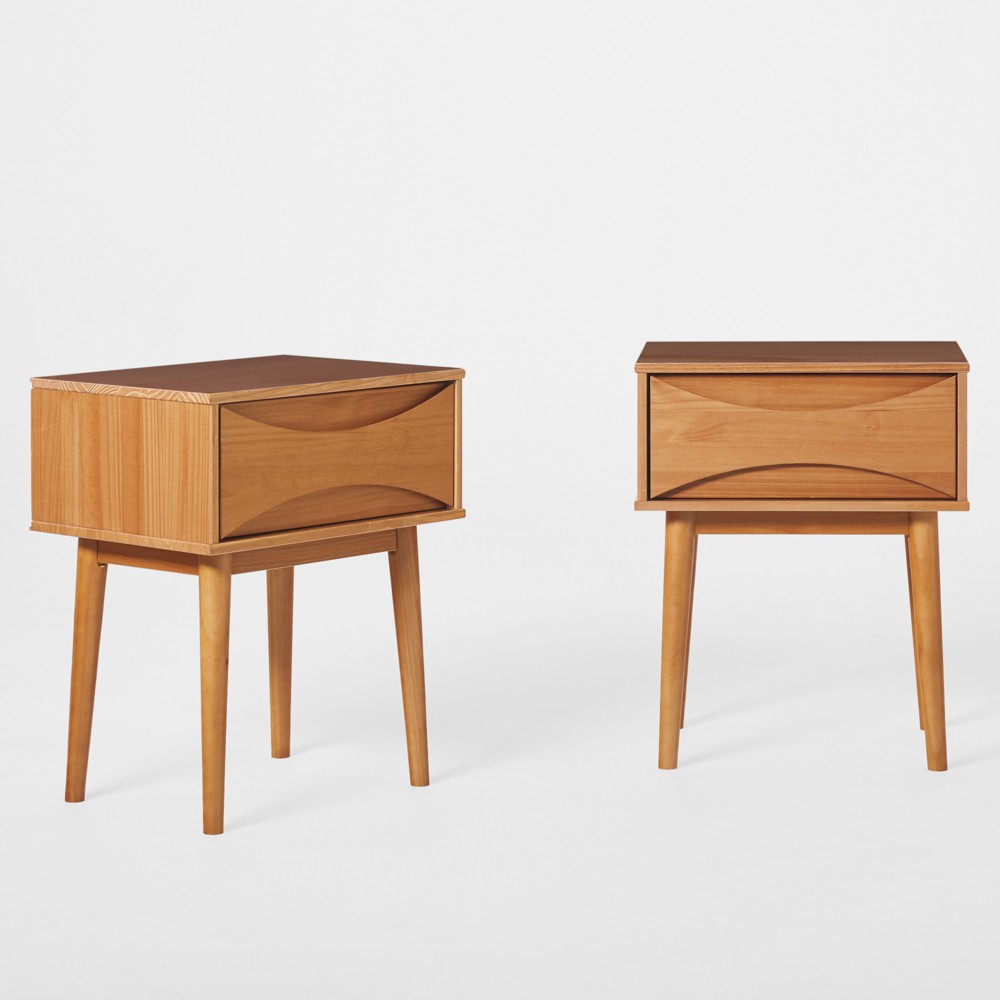 Saracina Home 2pc MidCentury Modern Contoured 1 Drawer Nightstand Caramel