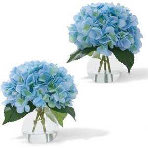 GAOMON 2 Pack Artificial Hydrangea Flowers in Glass Vase with Faux Water, Fake Hydrangeas, Faux Flower Arrangements - 1 of 4