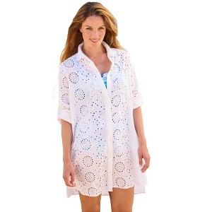 Swim 365 Women's Plus Size Eyelet Cover-Up Shirt - 1 of 4