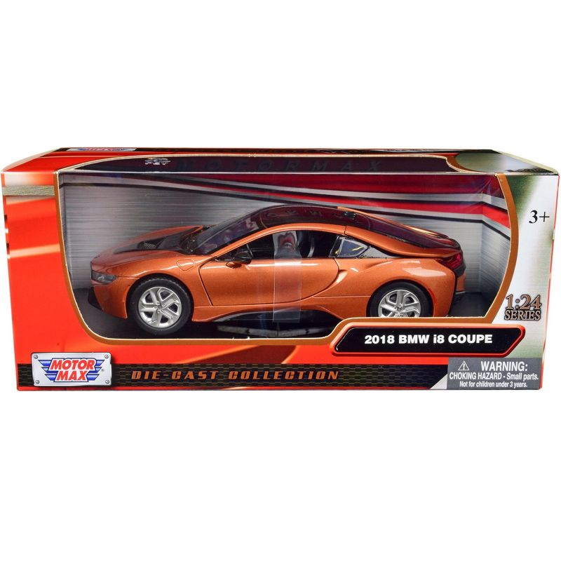 2018 BMW i8 Coupe Metallic Orange with Black Top 1/24 Diecast Model Car by Motormax, 1 of 4