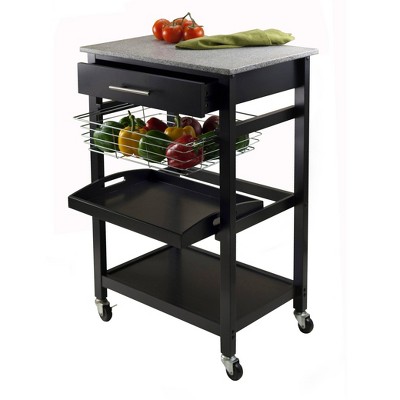 Transitional Julia Granite Top Black Kitchen Cart with Storage