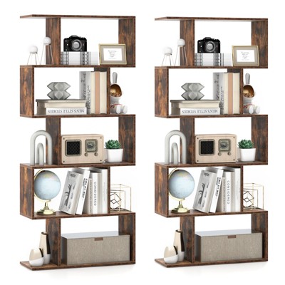Tangkula 2pcs 5-Tier Geometric Bookshelf Wooden Decorative Display Shelf w/Large Capacity Freestanding S-shaped Bookcase Black/White/Rustic Brown