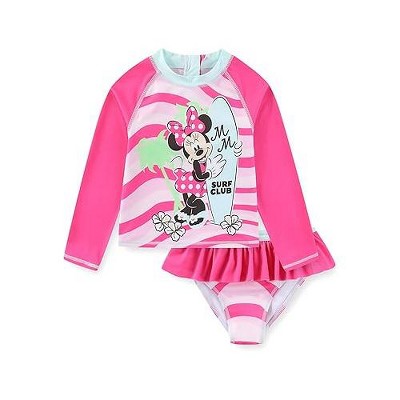 Disney Girls Minnie Mouse UPF 50+ Long Sleeve Rash Guard and Bikini Bottom 2-Piece Swimsuit Set for Toddler and Big Kids - 3T