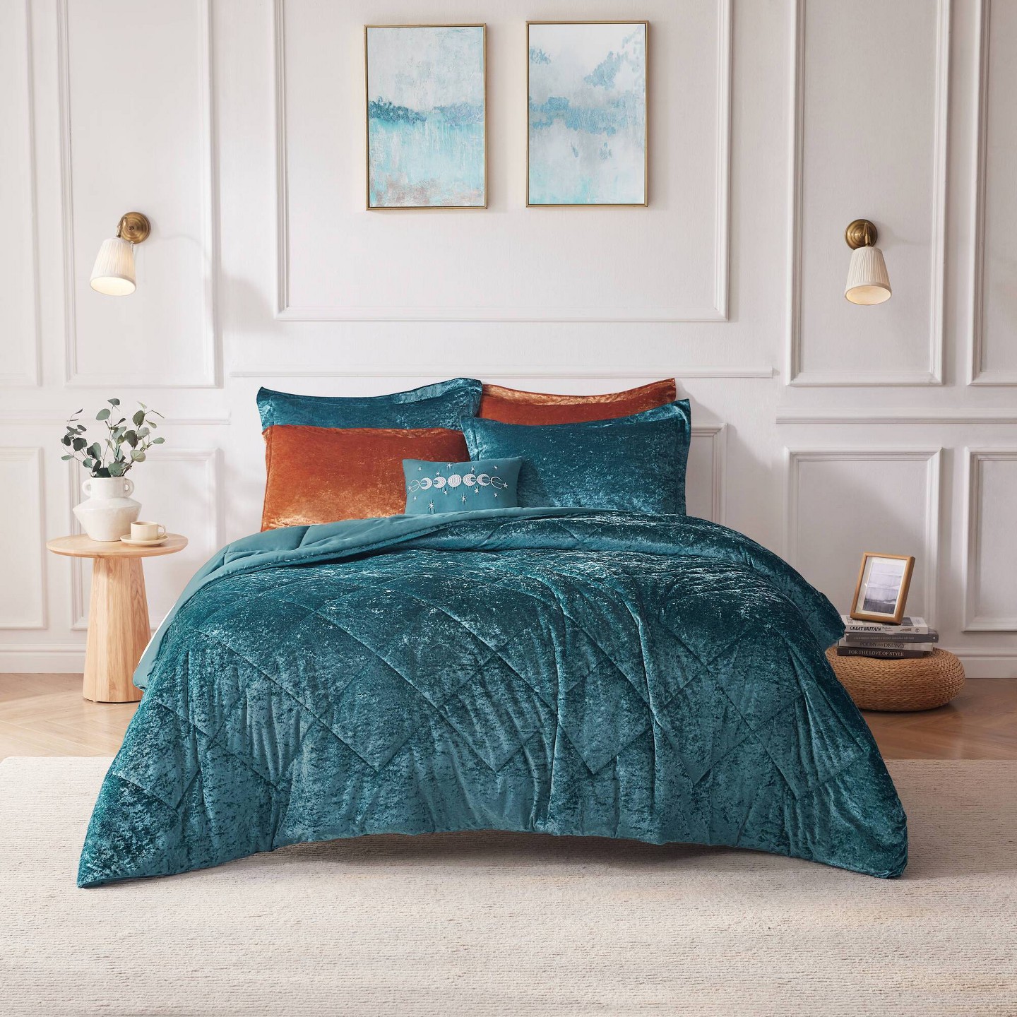 Комплект с одеялом Intelligent Design 4pc Full/Queen Alyssa Velvet Quilted Diamond Ultra Soft Comforter Set Teal: Luxury Glam Bedding, Hypoallergenic, Oeko-Tex Certified, цвет: Бирюзовый — фото 1