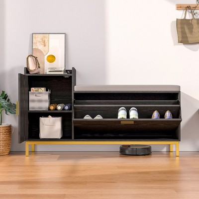 Black Shoe Storage With Flip Drawers Entryway Bench Cabinet With Removable Seat Cushion