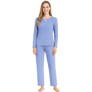 YafeMarte Women’s Long Sleeve Soft Knit Cozy 2-Piece Pajama Set with Raindrop Design - 1 of 4