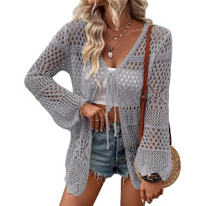 Clearlove Women Knitted Cardigan Lightweight Tie Front Hollow Out Long Sleeves Summer Knit Cover Cardigans - 1 of 4