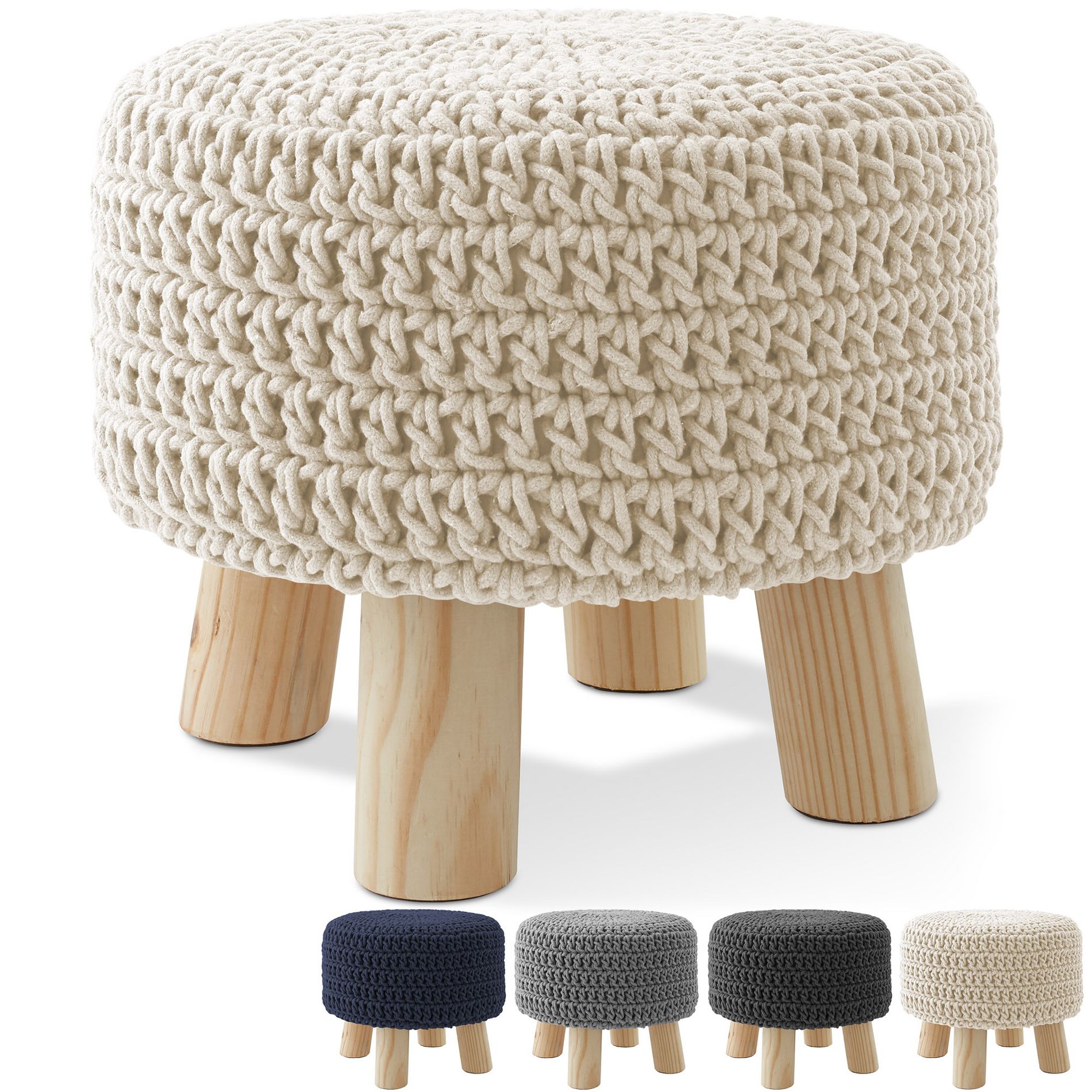 Hand-Knitted Cotton Pouf Ottoman Footstool, 13" Round x 11" High, Compact Boho Accent Footrest for Living Room and Bedroom