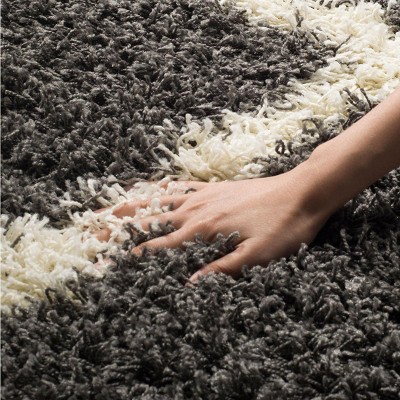Ivory and Dark Grey High Pile Shag Synthetic Area Rug, 10' x 14'