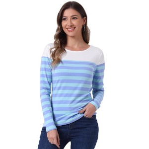 INSPIRE CHIC Women's Color Block Round Neck Long Sleeves Striped Basic T-Shirt - 1 of 4