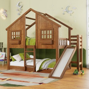 AMERLIFE Twin Over Twin House Bunk Solid Wood Bed Frame with Slide and Ladder, Window Box Shelf, 14" Guardrail - 1 of 4