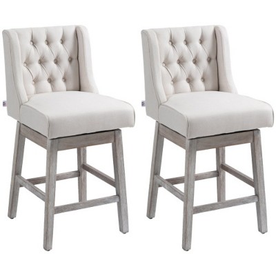 Beige 27" 180 Degree Swivel Bar Height Bar Stool Set of 2 with Solid Wood Footrest and Button Tufted Design