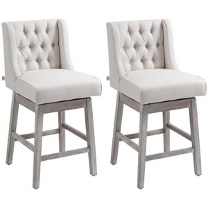 Beige 27" 180 Degree Swivel Bar Height Bar Stool Set of 2 with Solid Wood Footrest and Button Tufted Design - 1 of 4