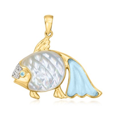 Ross-Simons Mother-Of-Pearl and 5.00 Carat Aquamarine Fish Pendant With .20 Carat Swiss Blue Topaz and .15 ct. t.w. Diamonds in 14kt Yellow Gold Size