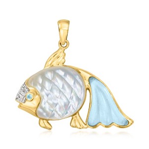 Ross-Simons Mother-Of-Pearl and 5.00 Carat Aquamarine Fish Pendant With .20 Carat Swiss Blue Topaz and .15 ct. t.w. Diamonds in 14kt Yellow Gold Size - 1 of 4