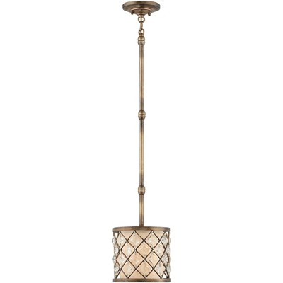 Regency Hill Golden Bronze Mini Pendant Light 9" Wide Crystal Criss Cross Off White Fabric Fixture for Kitchen Island Dining Room