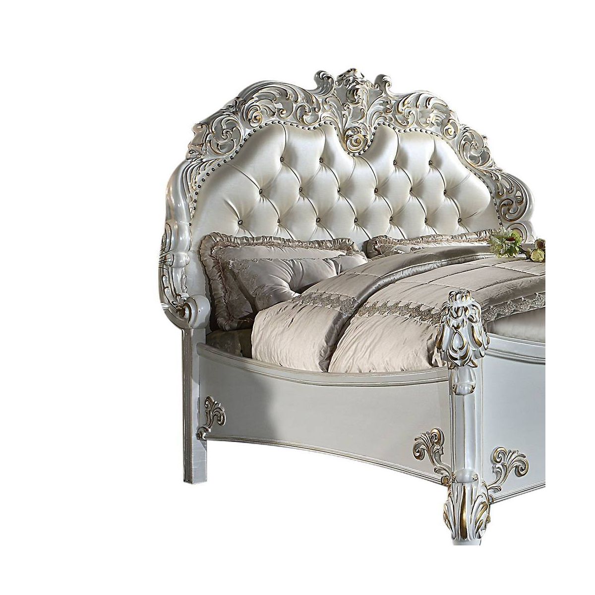 94" Eastern King Bed Vendome Bed Synthetic Leather and Antique Pearl Finish - Acme Furniture: Luxurious Carved Details - thumbnail 5