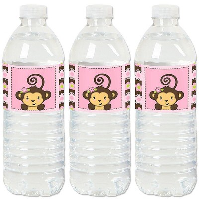 Big Dot of Happiness Pink Monkey Girl - Baby Shower or Birthday Party Water Bottle Sticker Labels - Set of 20