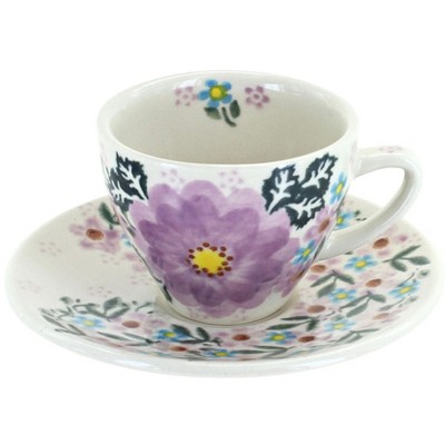 Blue Rose Polish Pottery Lilac Garden Tapered Espresso Cup & Saucer