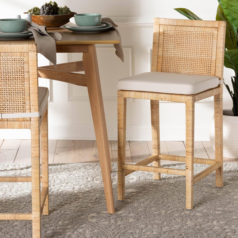 Baxton Studio Sofia Modern and Contemporary Natural Finished Wood and Rattan Counter Stool