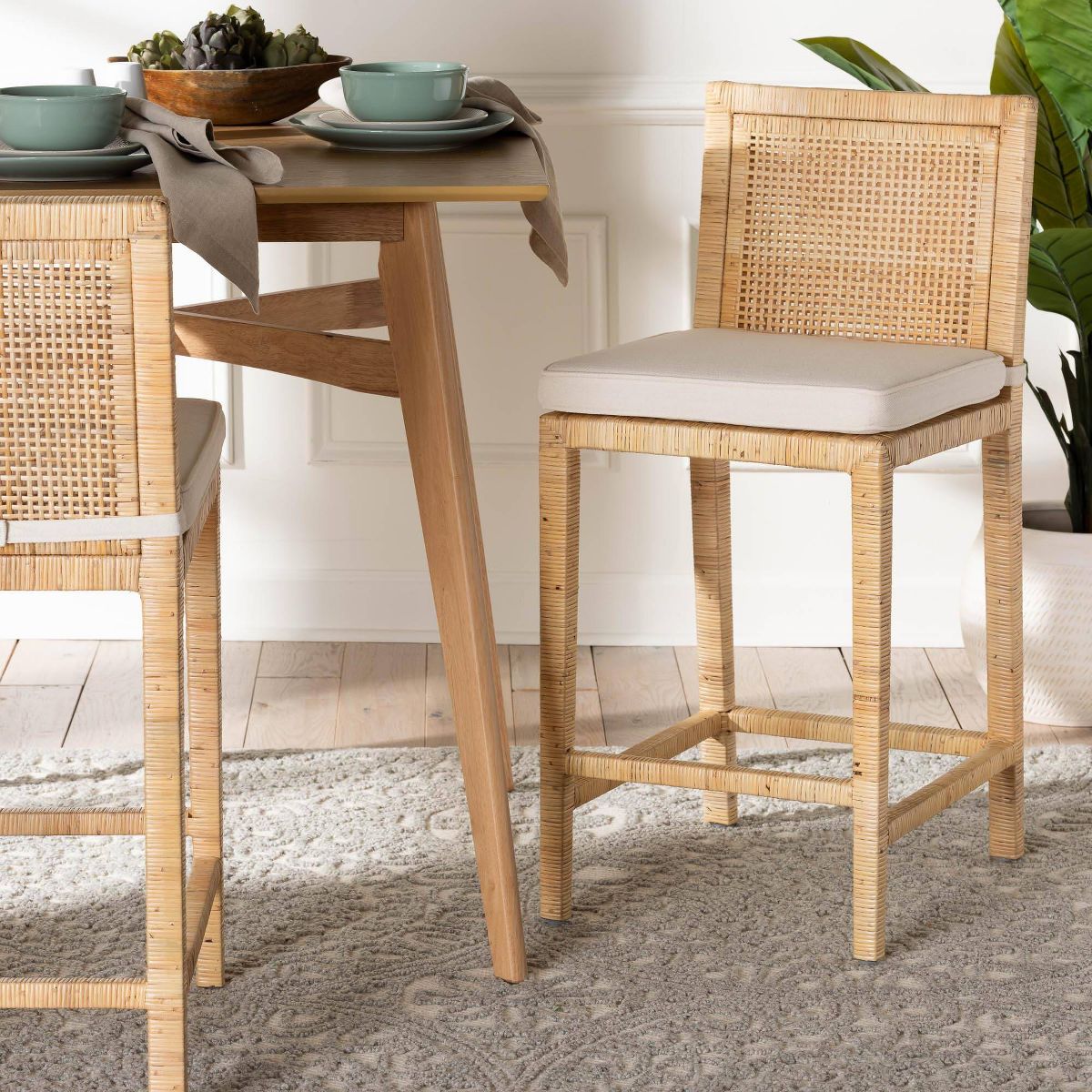 Sofia Wood and Rattan Counter Height Barstool Natural - bali & pari - thumbnail 2