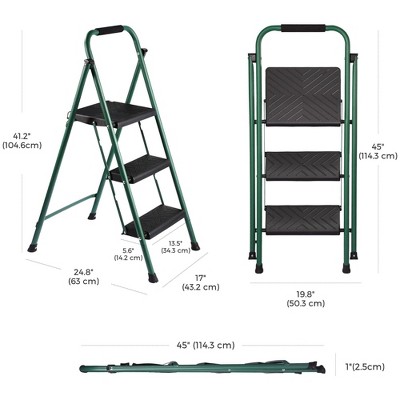 Delxo Green and Black Folding 3-Step Steel Ladder with Hand Grip