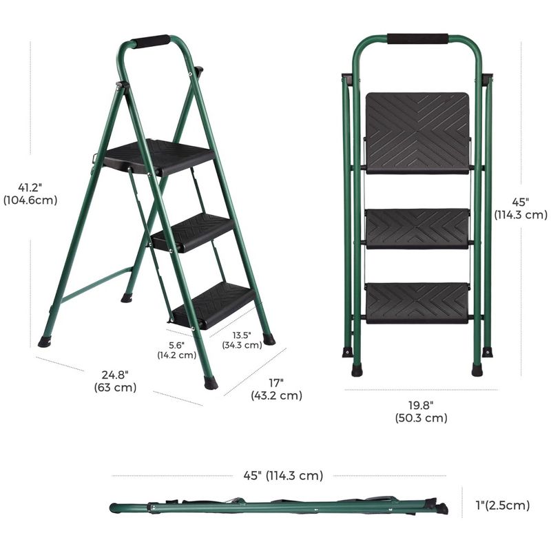 Delxo Non-Slip 3 Step Stool Folding Sturdy Steel Wide Step Ladder with Hand Grip and Locking Mechanism for Indoor Household Kitchens, Green/Black, 3 of 8