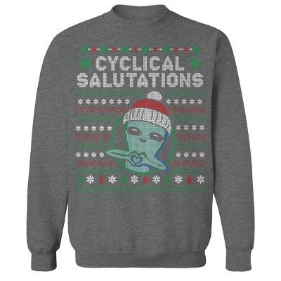Rerun Island Men's Strange Planet: Cyclical Salutations Festive Knit Christmas Long Sleeve Graphic Cotton Pullover Sweatshirt
