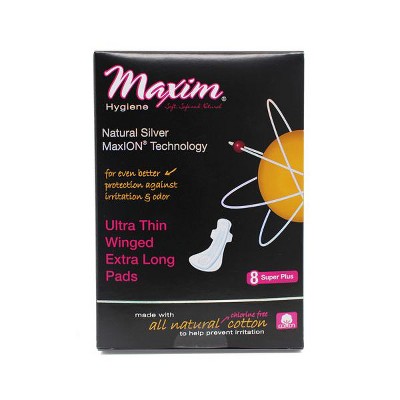 Maxim Hygiene, Natural Silver MaxION, Ultra Thin Winged Extra Long Pads, Super Plus Absorbency, Size 4 - 8Ct
