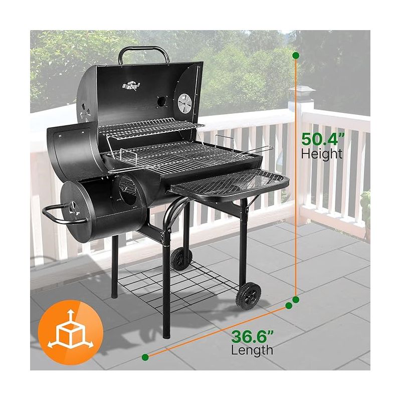 NutriChefKitchen Charcoal Grill Offset Smoker with Cover, Portable Stainless Steel Grill, Outdoor Camping BBQ, and Barrel Smoker (Black), 3 of 8