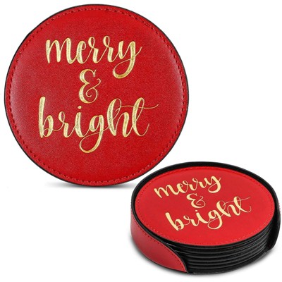 Juvale Set of 7 Christmas Drink Coasters Gift with Holder, Merry and Bright, Red Faux Leather