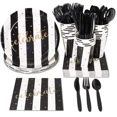 Juvale 48 Set Party Disposable Dinnerware Plates Cups Napkins Knives Forks, Black/Gold