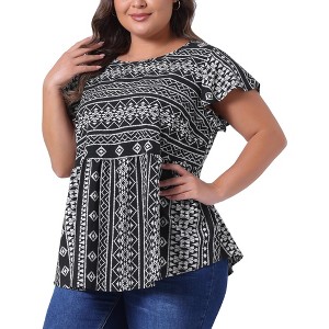 Agnes Orinda Women's Plus Size Boho Floral Printed Round Neck Butterfly Sleeve Babydoll Blouses - 1 of 4