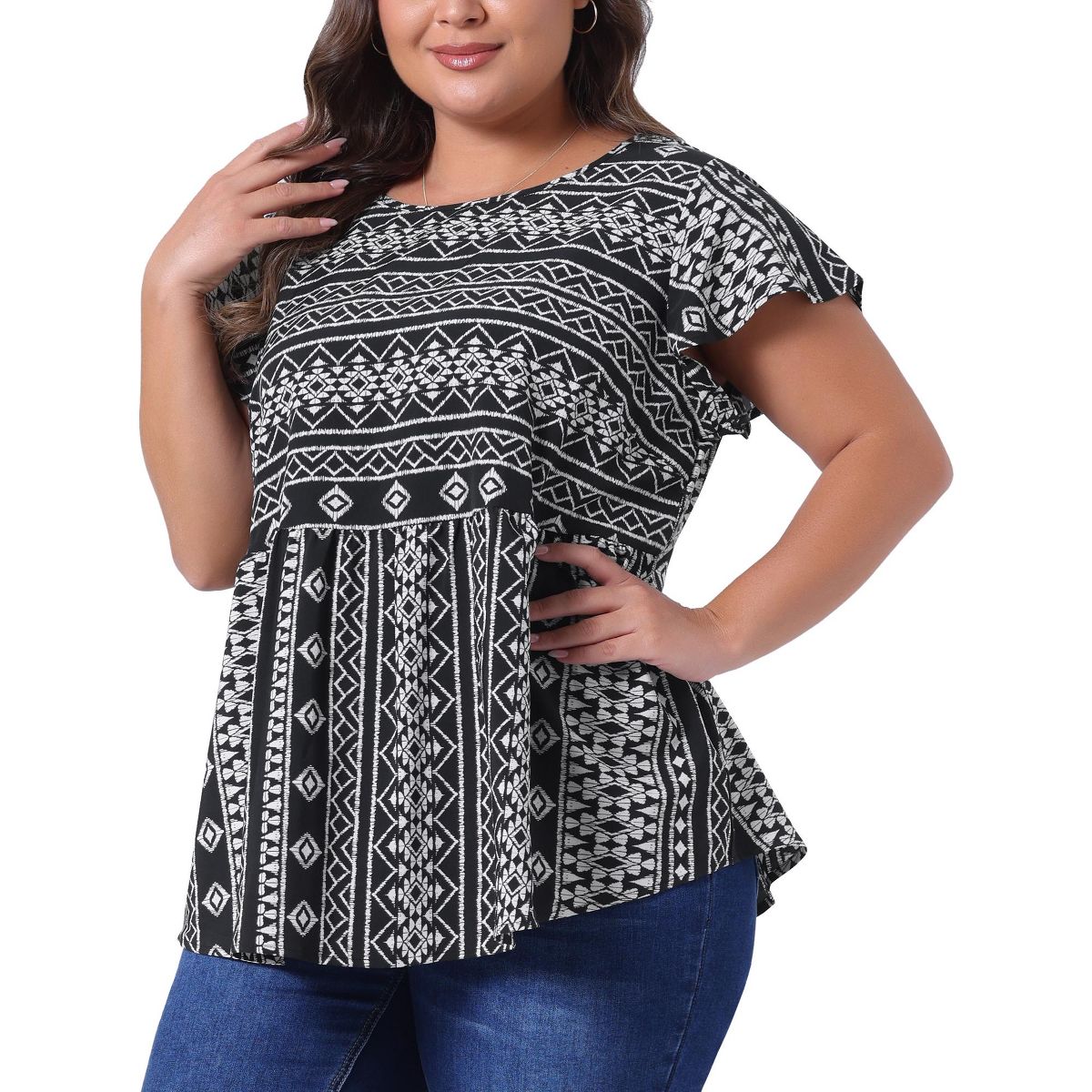 Women's Plus Size Boho Floral Printed Round Neck Butterfly Sleeve Babydoll Blouses - Agnes Orinda