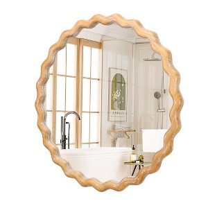MAYEERTY 27.5" Wooden Round Wavy Wall Mirror Whitewash Edge Decorative Mirror for Bathroom Vanity Bedroom Living Room - 1 of 4