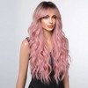 Pink Long Wavy Wigs with Bangs Synthetic Dark Roots Wigs for Women Natural Wave Fake Hair Heat Resistant Cosplay Party Use Wig - 2 of 4