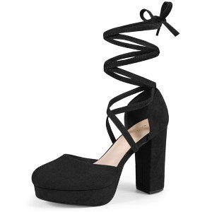 BLISSFUL STEP Women's Faux Suede Lace Up Platform Block Heel Pumps - 1 of 3