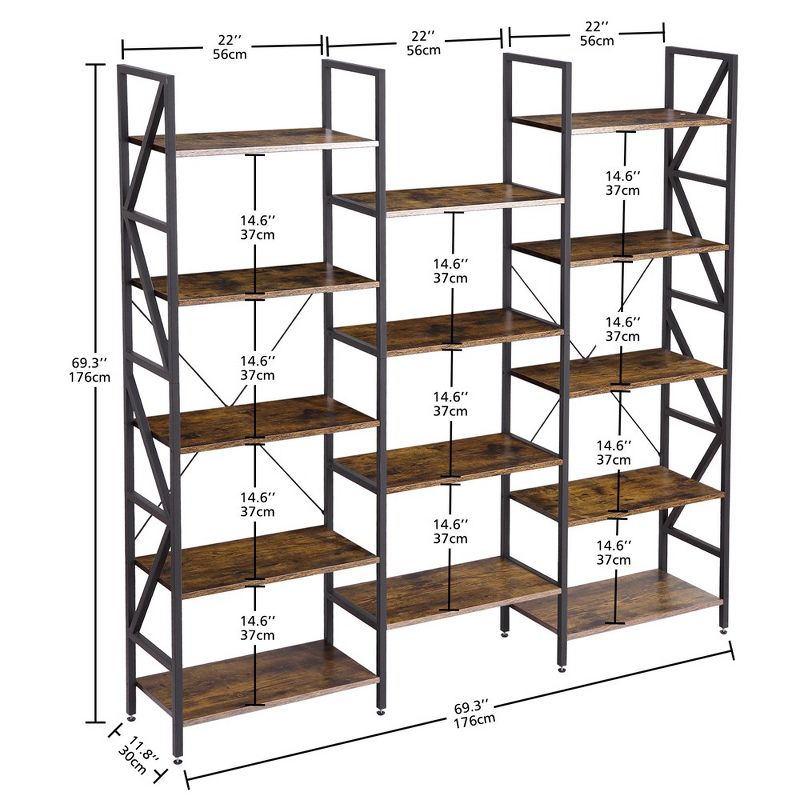 Whizmax Triple Wide 5 Tier Metal Fram BookShelf, Large Industrial Bookcases with Open Display Shelves,RetroBrown, 2 of 6