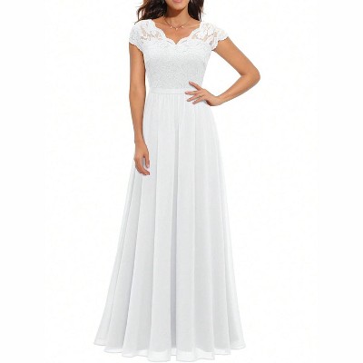 Clotth Women's Lace Evening Dress - Short Sleeve V Neck Dress, High Waist A Line Dress, Elegant Backless Gown