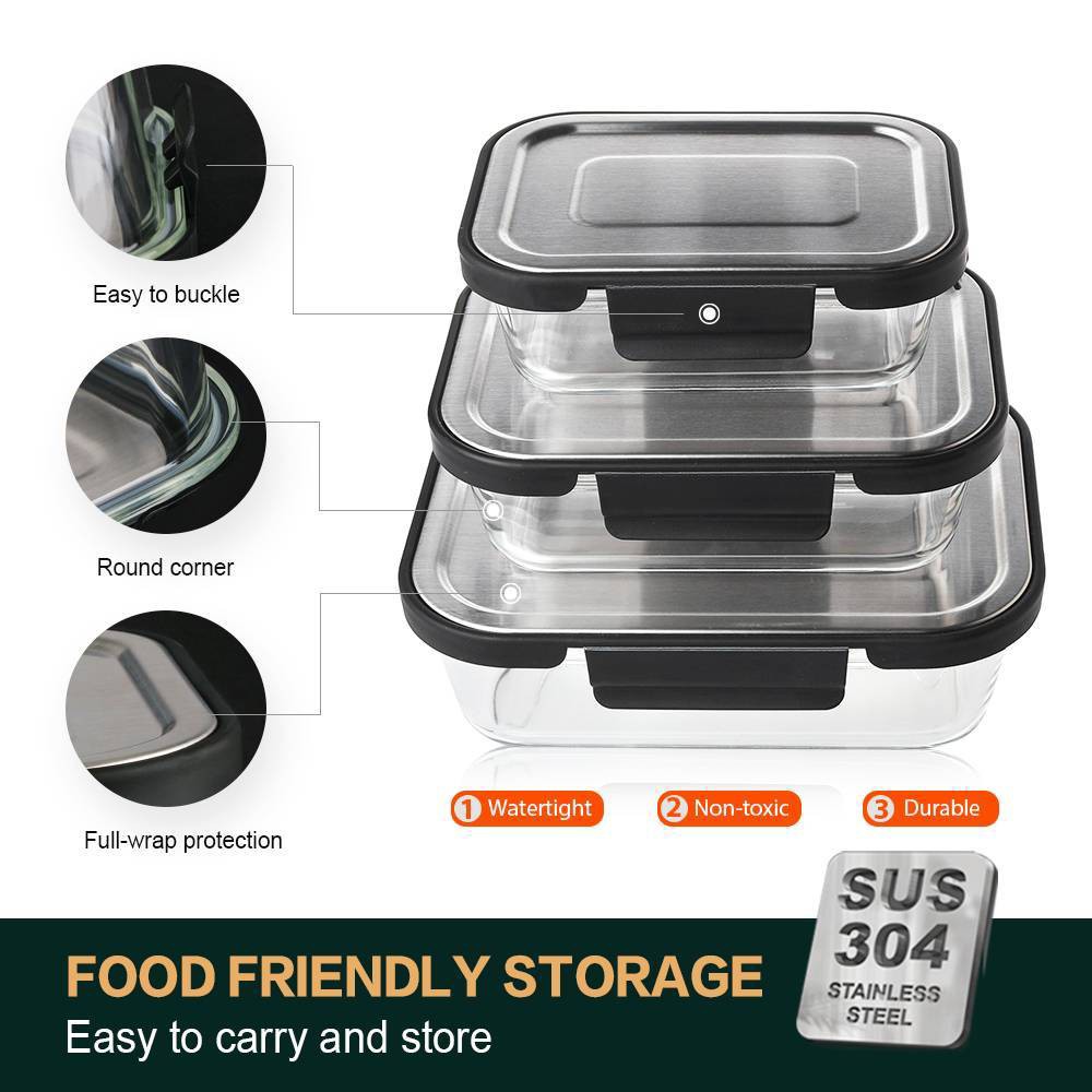 Delight King 6pc High Borosilicate Glass Food Storage Containers with Stainless Steel leakproof Lids Black