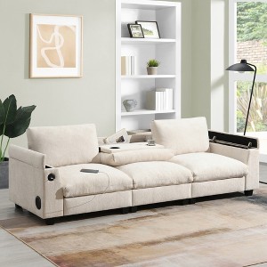 SKRAN 96*35''Chenille Sectional Sofa with Bluetooth Speaker with Drop Down Table,USB Charger,Storage Armrest for Living Room,Apartment,Beige - 1 of 4