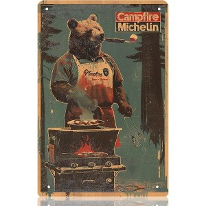 Lomsoe Campfire Michelin Bear Metal Sign - 8x12 Inch Rustic Bear Wall Art for Hunting Cabin & Man Cave, Funny Outdoor Camping Sign - 1 of 4