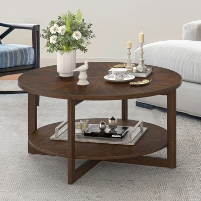 Arceso Round Coffee Table, 35" Rustic Modern Circle Coffee Tables with 2-Tier Storage Shelf, Wood Coffee Table for Living Room, Dark Walnut