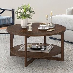 Arceso Round Coffee Table, 35" Rustic Modern Circle Coffee Tables with 2-Tier Storage Shelf, Wood Coffee Table for Living Room, Dark Walnut - 1 of 4