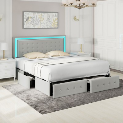 CAVINAS Full/King Size Modern Platform Bed Frame with LED Lights Headboard & 4 Storage Drawers,No Box Spring Needed