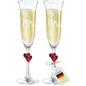 BENETI Mr and Mrs Champagne Flutes, Handmade Crystal Glasses, Red Hearts, 6oz, Set of 2 - Made in Germany - 1 of 4
