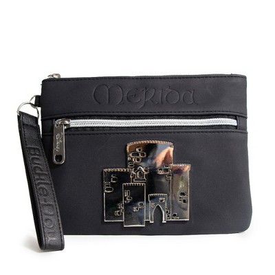 Disney Wallet, Double Pocket Wristlet, Brave Princess Merida Script Debossed, Castle Emblem Silver, Black, Vegan Leather