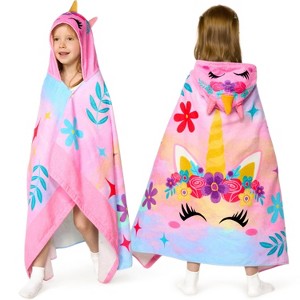Joyfy Kids Unicorn Hooded Bath Towels, 30" x 50" Premium 100% Cotton Beach & Pool Towels for Girls Aged 3-10, Soft Absorbent Bath and Swim Towel Wrap - 1 of 4