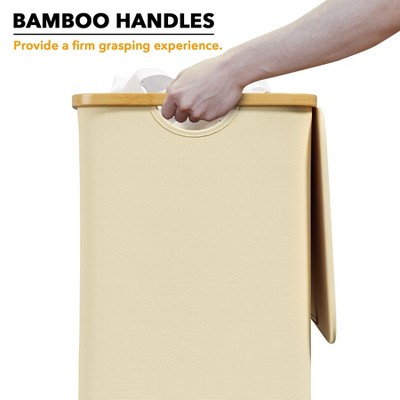 Beige Collapsible Upright Laundry Hamper with Bamboo Handles and Lid