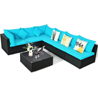 Costway 7PCS Patio Rattan Sofa Set Sectional Conversation Furniture Set Garden Beige\ Navy\Red\Navy Blue